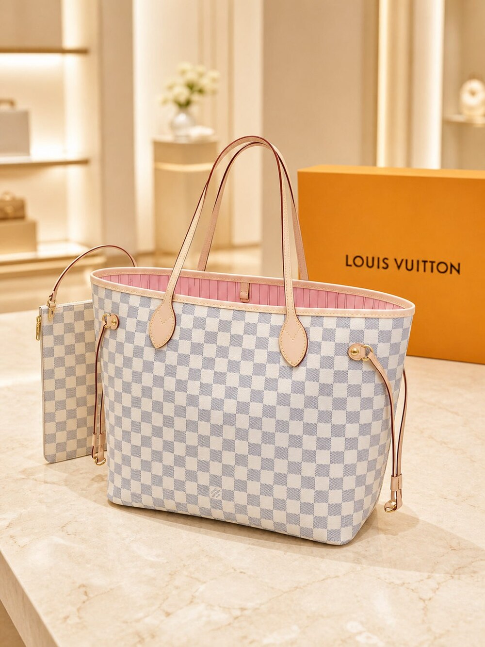 Louis Vuitton Pink Interior Neverfull Carryall in Damier Azur Canvas